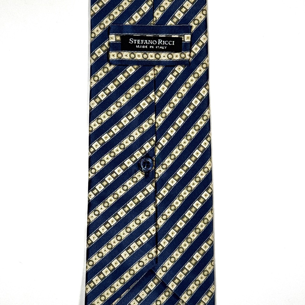 Stefano Ricci Mens Navy Blue Gold Geometric Stripe Silk Tie Made in Italy - Picture 4 of 5